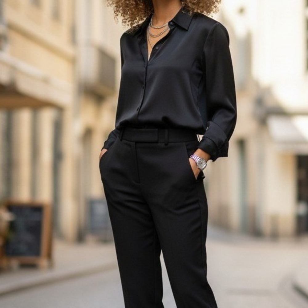 Y2K Ann Taylor Black Silk Blouse Womens 2 Classic Professional Long Sleeve Chic